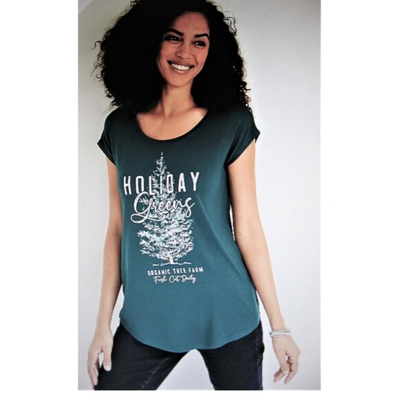 NWT Maurice’s Christmas Teal Tee Green HOLIDAY GREENS Gold Foil Letters Size 0X - Picture 3 of 7